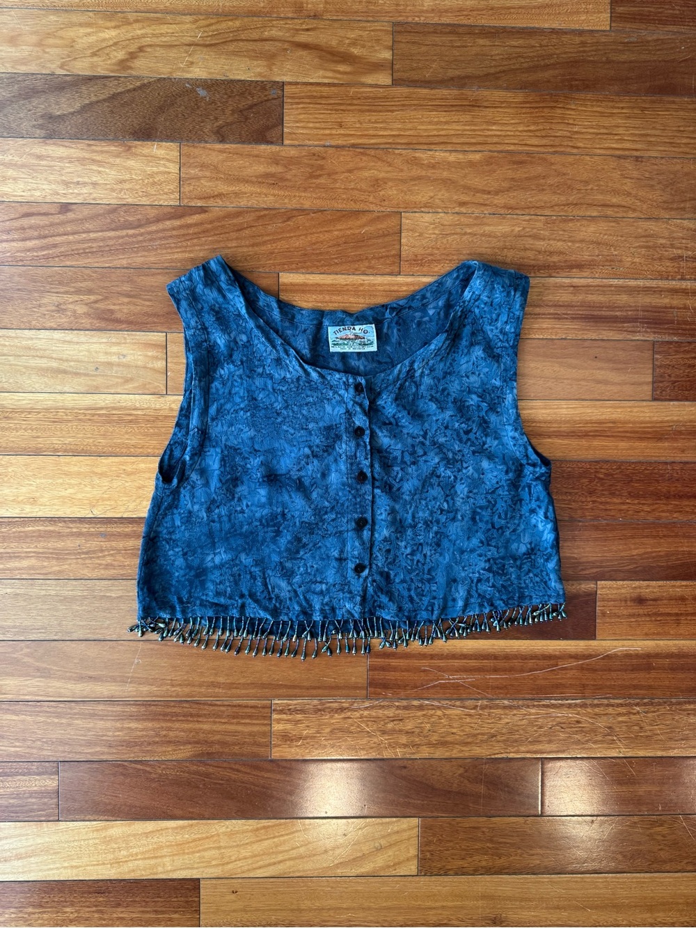 Tienda Ho Blue Rayon Beaded Fringe Vest Button Front Boho Artsy Festival
